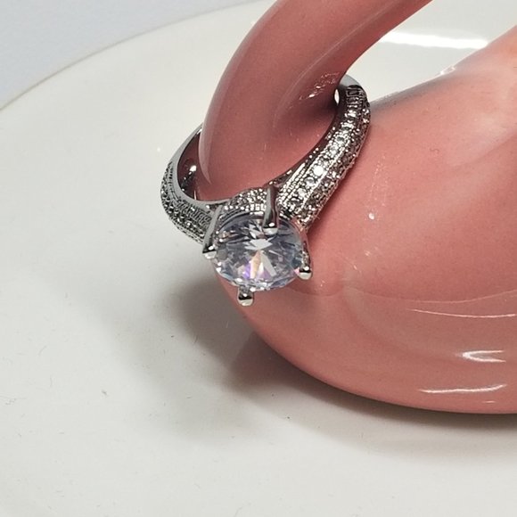 Xena Engagement Ring - 18K Platinum Plated Copper - Pave CZ- Crown Setting. - Picture 4 of 16